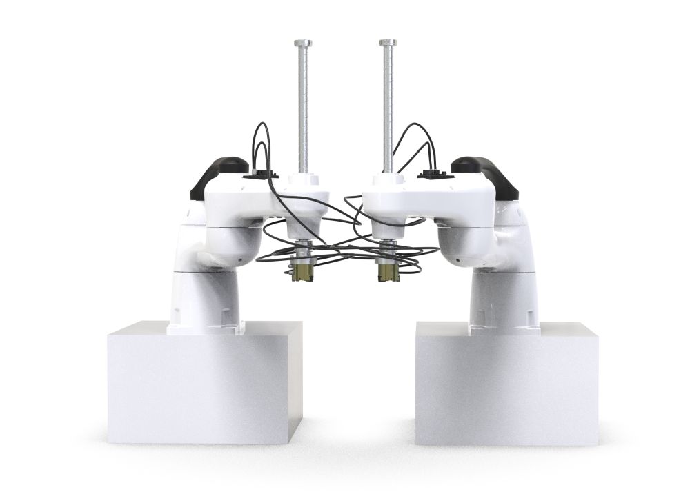 ロータリージョイント無しの図。2台のロボットの配管が干渉し設備が停止。