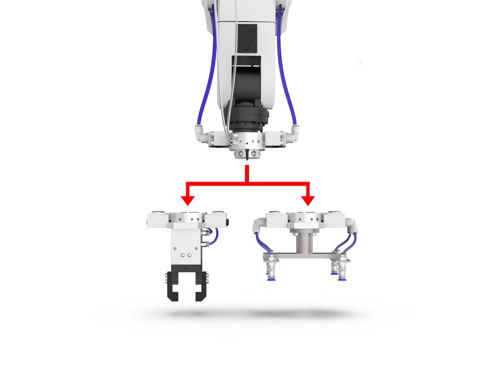 ツールチェンジャーの使用イメージ。ハンドと吸着ユニットの交換。