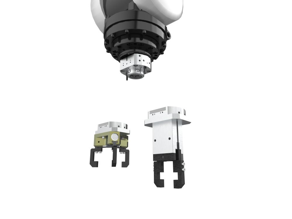 ツールチェンジャーKHBの使用例。ハンドとチャックの交換の様子。